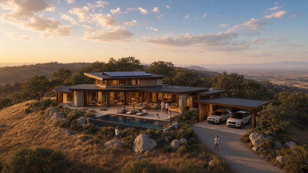 Renderings of the hybrid campground and caretaker's residence concept above the San Joaquin Valley