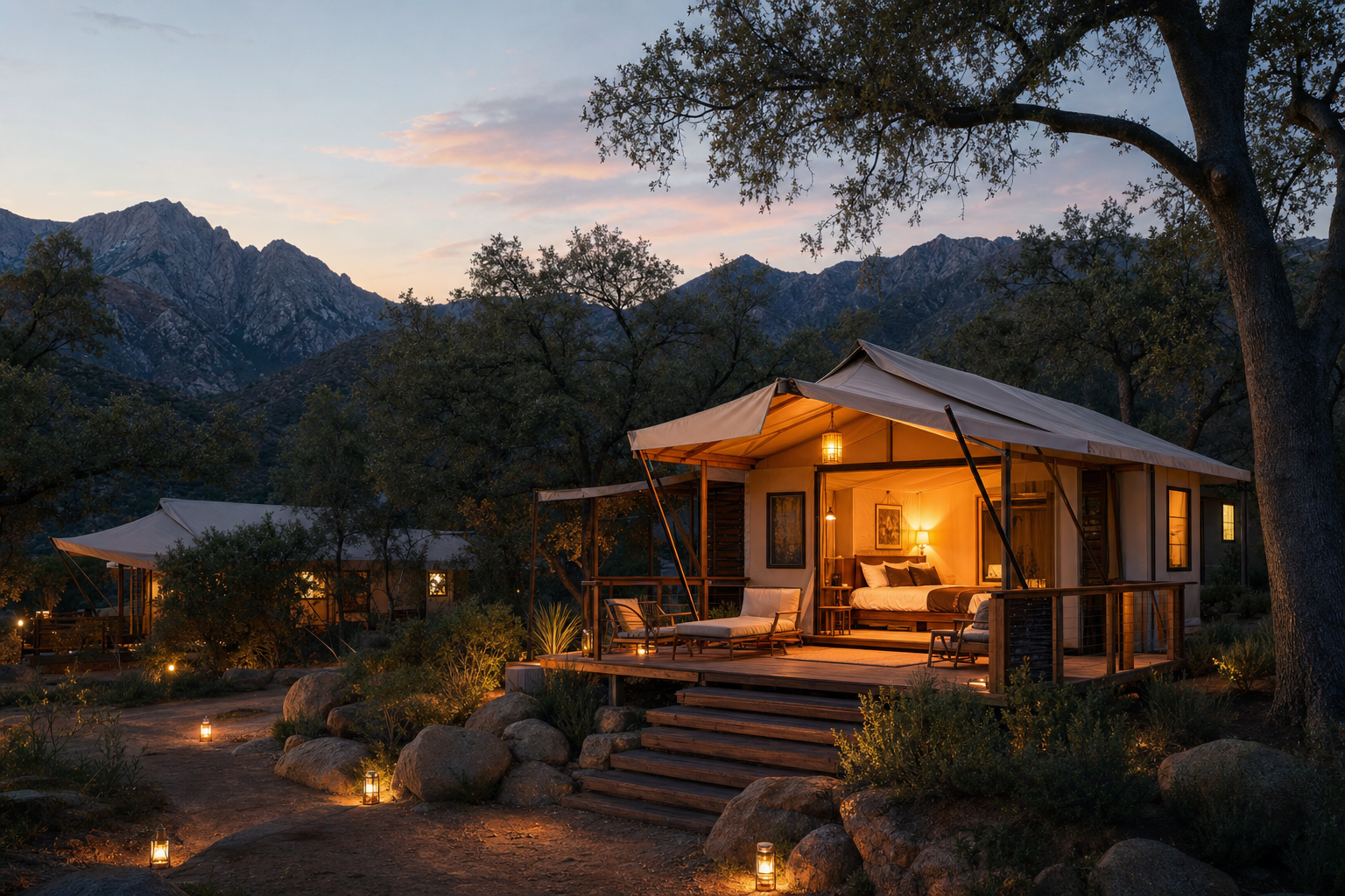 Rendering of luxury cliffside cabins and glamping-style lodging at dusk