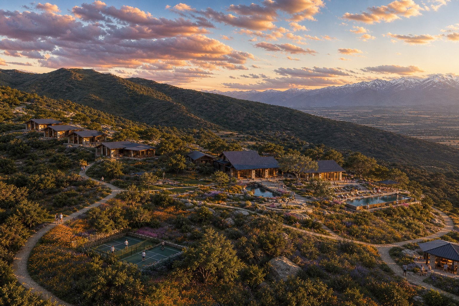 Rendering of a grand destination resort with a lake on the 420-acre Kings Canyon property along Highway 180