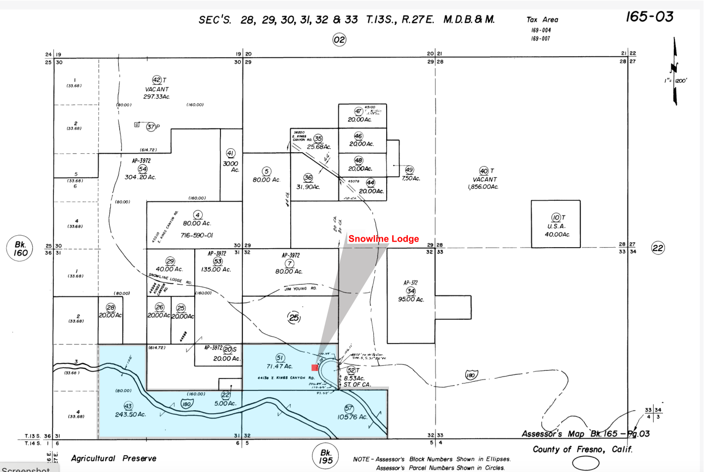 Parcel map of 44138 E. Kings Canyon Road showing the three tax lots, Snowline Lodge, campground and RV areas, estate lots, and surrounding national forest and park lands