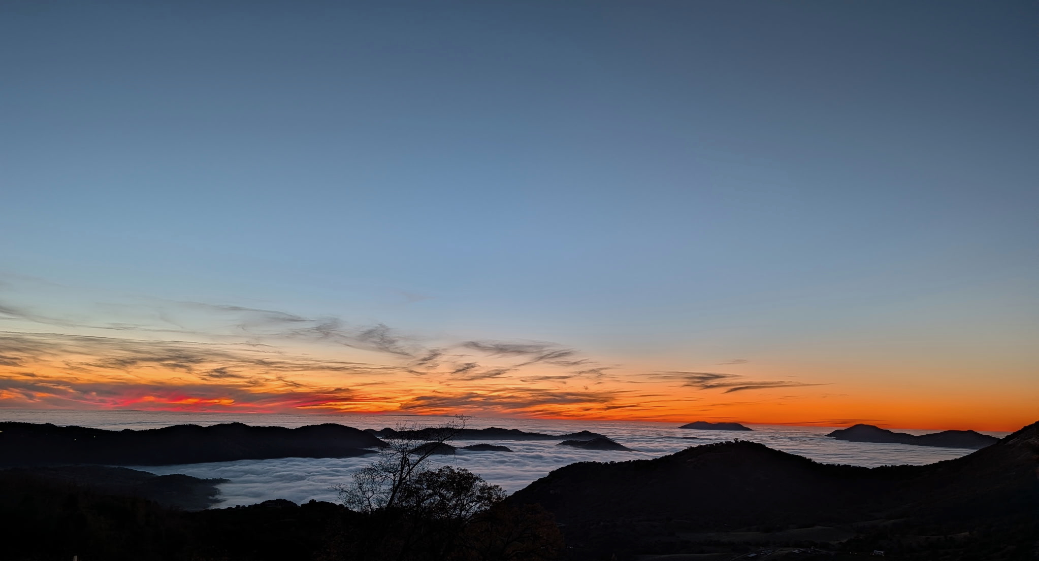 Dense Tule fog filling the valley at sunset, with mountain ridges rising above a seascape-like layer of fog