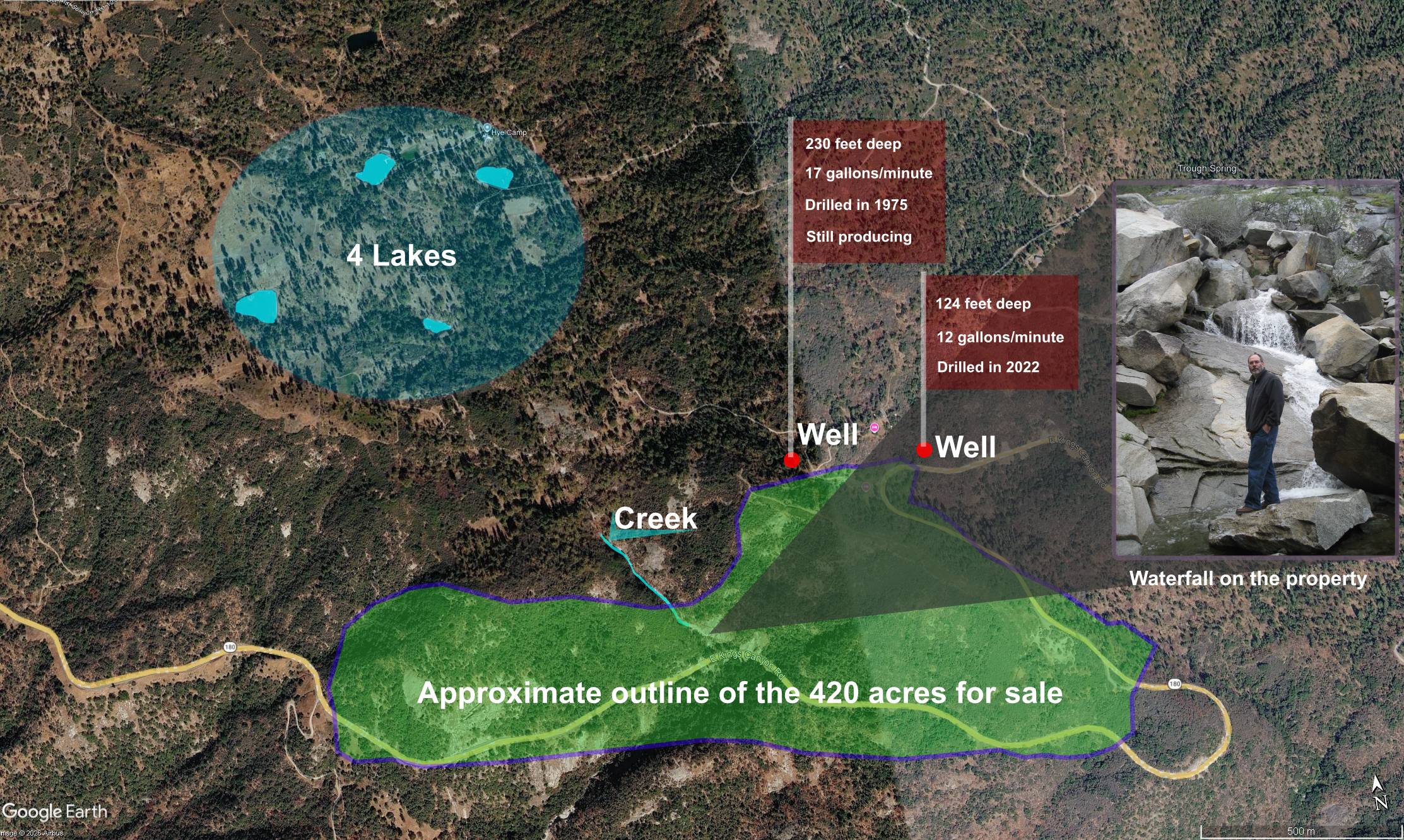 Aerial map showing the approximate 420-acre property outline, seasonal creek and waterfall, four neighboring lakes, and two nearby wells